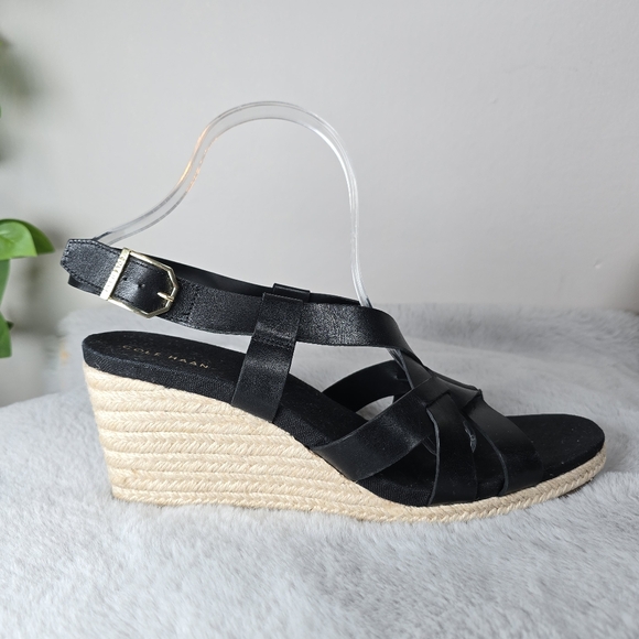 Cole Haan Women\'s Black Leather Braided Espadrille Crystal Wedge Sandals 10 NWOT